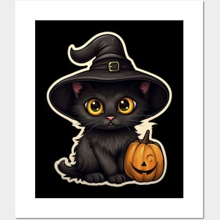 Black Cat In Witches Hat - Black Cats Spooky Halloween Posters and Art